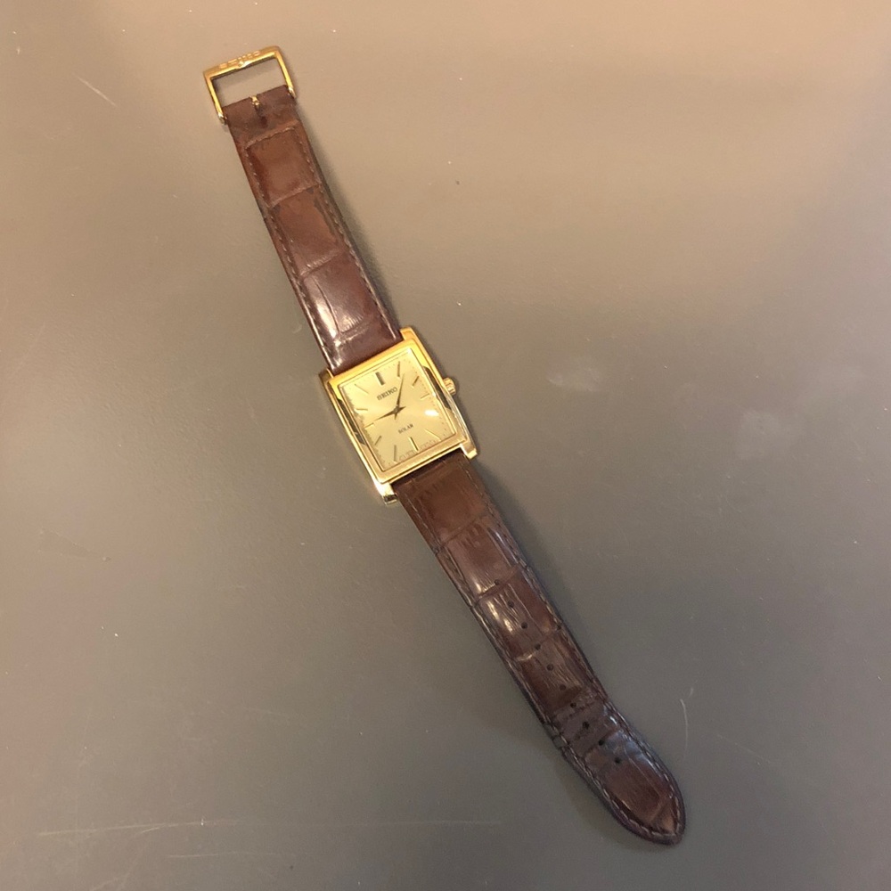 Mens Seiko Gold-Tone Rectangular Solar Watch with Brown Strap - Picture 2 of 8